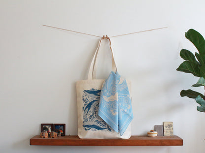 Whale tote bag + Bandana Gift set (Light blue)