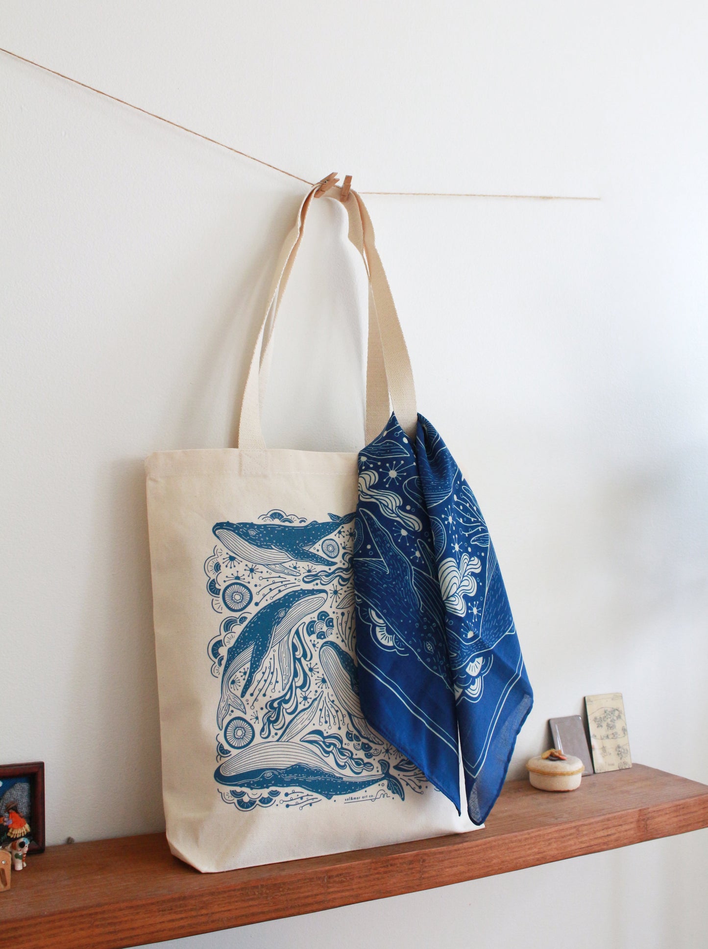 Whale tote bag + Bandana Gift set (Navy)