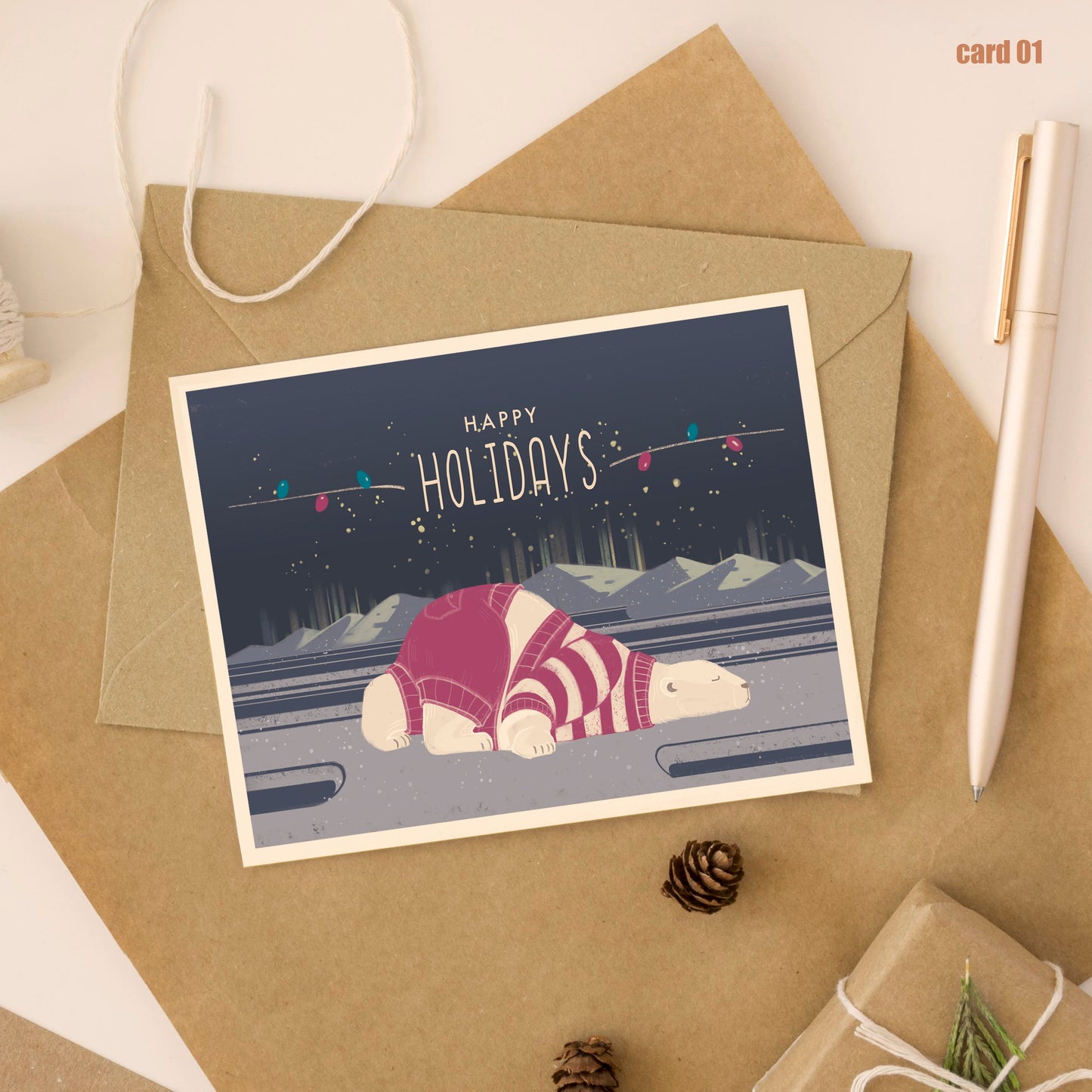 6 Polar Bear Holiday Card Set