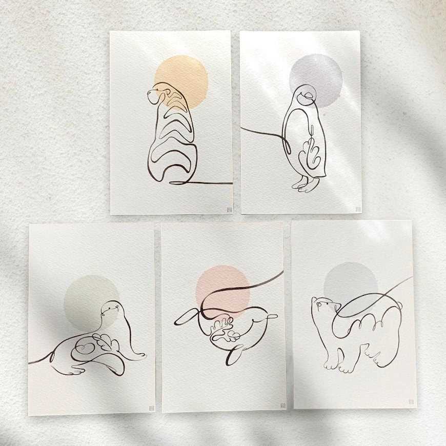 Set of 5 Animal line drawing Postcards