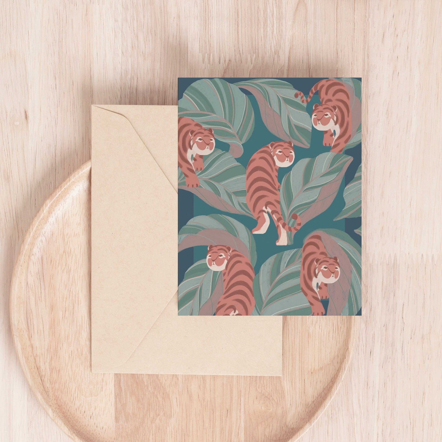 Tiger, Calathea Greeting card (blue)