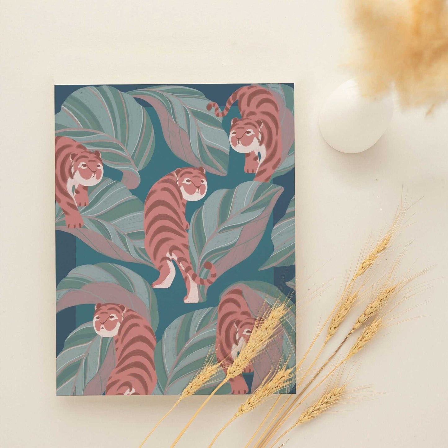 Tiger, Calathea Greeting card (blue)